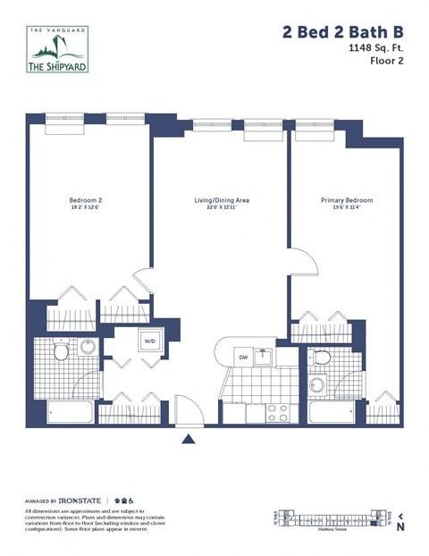 Floor plan for 2 beds, 2 baths, 1148 sqft